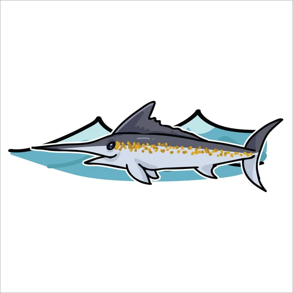 Marlin oceano bonito com onda desenho animado vetor ilustração motivo set. Mão desenhado isolado vida marinha espadarte elementos clipart para blog náutico, gráfico espada, pesca web botões . — Vetor de Stock