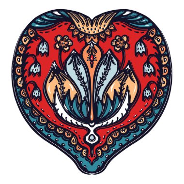 Çiçek yaprağı paisley doğu Avrupa tarzı. El çizilmiş lino kesim blok baskı. Süslü arabesk çiçek damlası. Slav foulard folklorik küçük resim. Bohem retro halk tasarım elemanı. Madalyon kalp motifi.