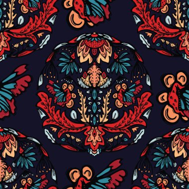 Boho çiçek mandala vektör baskı her yerinde. Kesintisiz yinelenen desen örneği. Kırmızı siyah bohem halk motifi arka plan. El çizilmiş retro moda baskılar 1970'lerin tarzı. Wzory duvar kağıdı, lino kesim tasarım