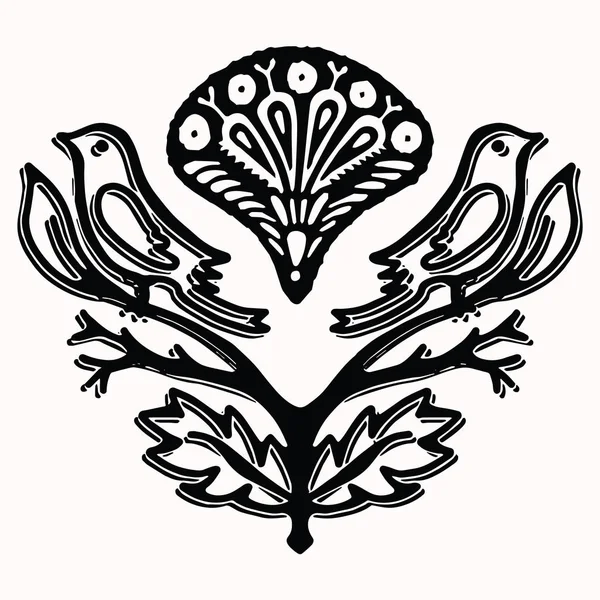 Prydnadsväxter Paisley Bird folk art element för design. Handritad linoleumsnitt block utskriftsstil. Svart folklorisk Songbird Clip Art. Dekorativa djur blomstra motiv kontur. Arabesque tatuering symbol form. — Stock vektor