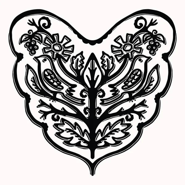 Ornamental paisley bird folk art elements for design. Hand drawn linocut block print style. Black folkloric songbird clip art . Decorative animal flourish motif outline. Arabesque tattoo symbol shape. — Stock Vector