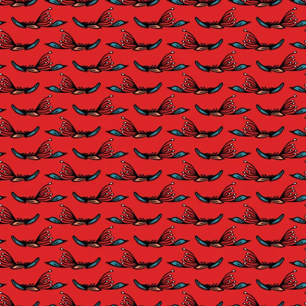Boho löv vektor över hela tryck. Sömlösa upprepande mönster ränder. Röd svart bohemisk folk motiv bakgrund. Handritade retro mode utskrifter 1970 stil. Wzory tapeter, Lino cut yta design. — Stock vektor