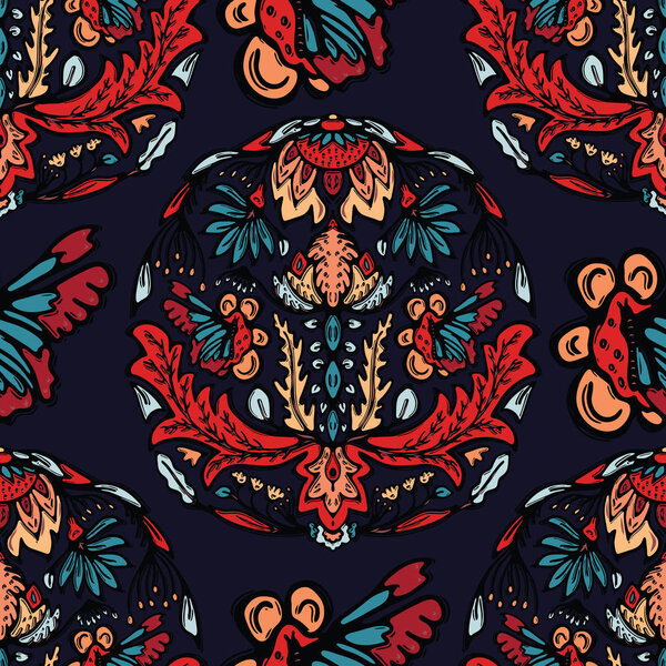 Boho flower mandala vector all over print. Seamless repeating pattern swatch. Red black bohemian folk motif background. Hand drawn retro fashion prints 1970s style. Wzory wallpaper, lino cut design