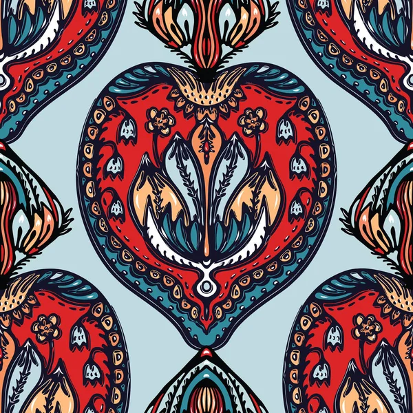 Boho Blume Mandala Vektor auf dem ganzen Druck. nahtlos wiederholendes Muster. rot schwarz Bohemian Folk-Motiv Hintergrund. Handgezeichnete Retro-Prints im Stil der 1970er Jahre. — Stockvektor