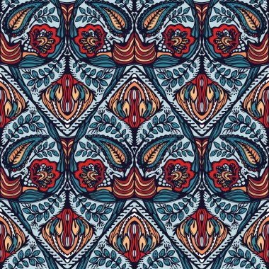 Boho çiçek şam baskı her yerinde. Dikişsiz vektör tekrar desen örneği. Kırmızı siyah bohem halk motifi arka plan. El çizilmiş retro moda baskılar 1970'lerin tarzı. Wzory duvar kağıdı, lino kesme paisley.