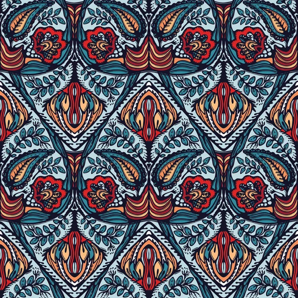 Boho çiçek şam baskı her yerinde. Dikişsiz vektör tekrar desen örneği. Kırmızı siyah bohem halk motifi arka plan. El çizilmiş retro moda baskılar 1970'lerin tarzı. Wzory duvar kağıdı, lino kesme paisley.