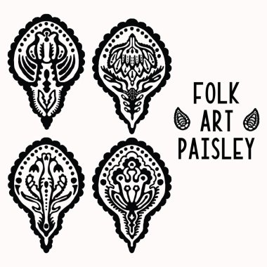 Tasarım seti için süs paisley halk sanatı elemanları. El çizilmiş linocut blok baskı stili. Siyah folklorik küçük resim dekor simgesi koleksiyonu. Dekoratif gelişme motifi. Arabesk dövme sembolü şekli. 