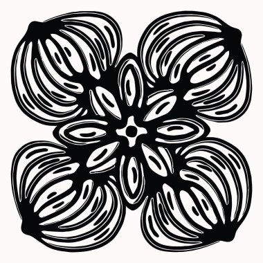 Süs halk sanatı grafik tasarım elemanı. El çizilmiş linocut blok baskı stili. Siyah folklorik küçük resim kiremit. Dekoratif çizgi süslemeleri gelişir. Arabesk dövme sembolü şekli. Çizim çizimi.