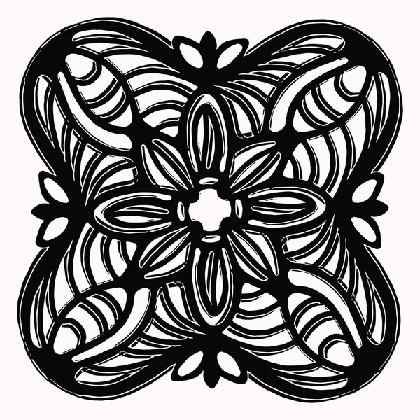 Ornamental folk art graphic design element. Hand drawn linocut block print style. Black folkloric clip art tile. Decorative line flourish motif outline. Arabesque tattoo symbol shape. Drawing sketch. — Stock Vector