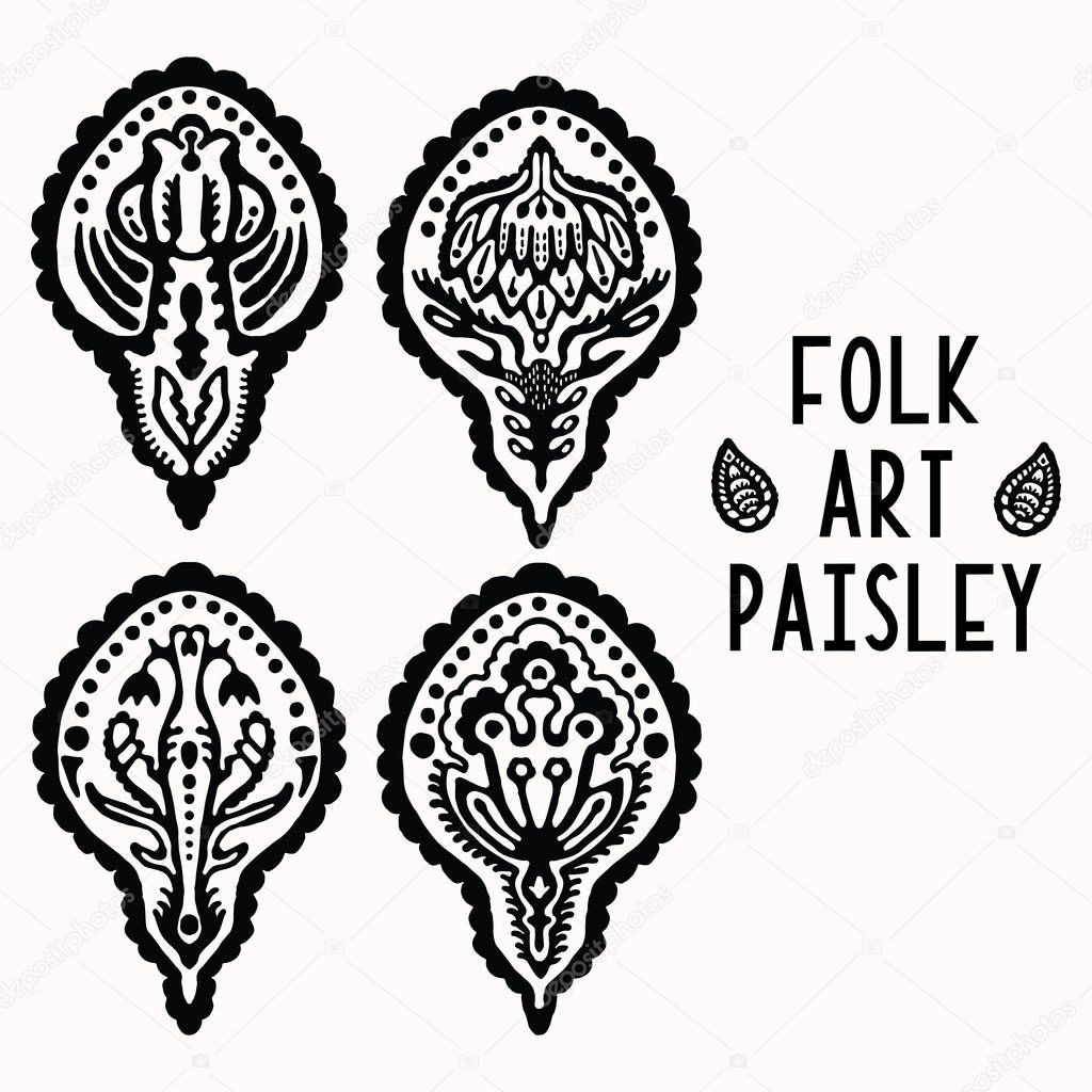 Ornamental paisley folk art elements for design set. Hand drawn linocut block print style. Black folkloric clip art decor icon collection. Decorative flourish motif. Arabesque tattoo symbol shape. 
