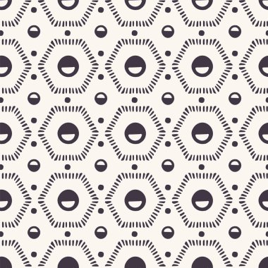 Dikişsiz vektör deseni. Noktalı altıgen yorgan şekilleri. Geometrik karo arka planı yineleme. Tek renkli yüzey tasarımı tekstil swatch. Modern siyah beyaz duvar kağıdı, hipster minimal her yerinde.
