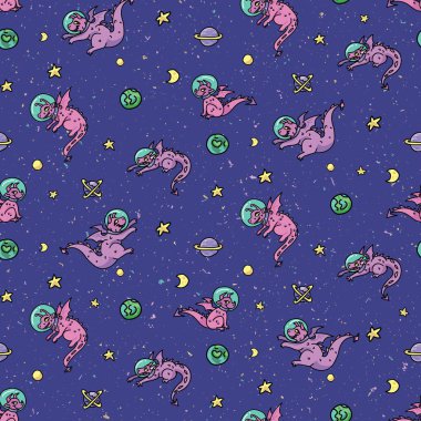 Sevimli astronot ejderha karikatür dikişsiz vektör desen. El çizilmiş uzay peri masalı kiremit. Galaksi blog, kızlar fantezi grafik, evren ev dekorasyonu için baskı her yerinde.