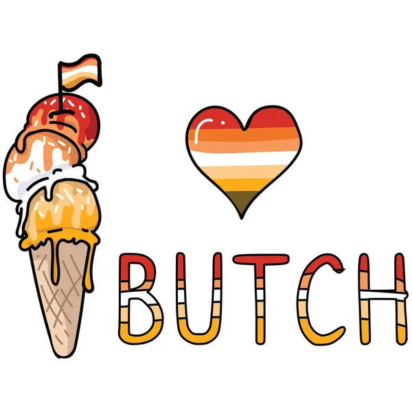 Bonito butch lésbicas sorvete cone desenho animado vetor ilustração motivo definido. LGBTQ doce tratar elementos para blog orgulho. Gráfico tipográfico para botões web de verão . —  Vetores de Stock