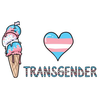 Sevimli transseksüel dondurma konisi karikatür vektör illüstrasyon motif seti. Gurur günlüğü için Lgbtq cinsiyet tatlı tedavi unsurları. Yaz web düğmeleri için tipografi grafiği.