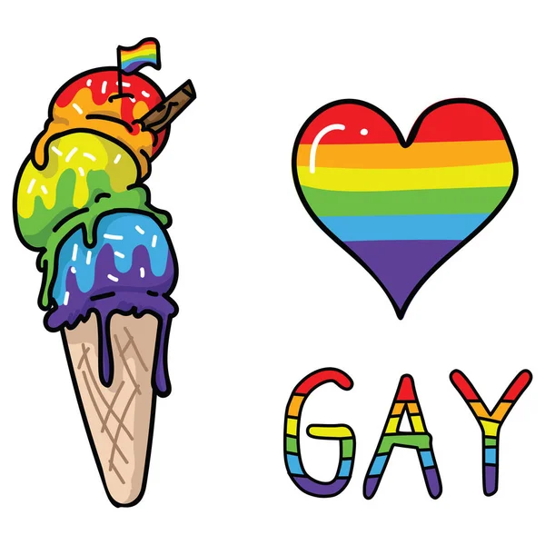 Schattig Gay Ice Cream Cone cartoon vector illustratie motief set. LGBTQ zoete traktatie elementen voor Pride blog. Typografie Graphic voor zomer Web knoppen. — Stockvector