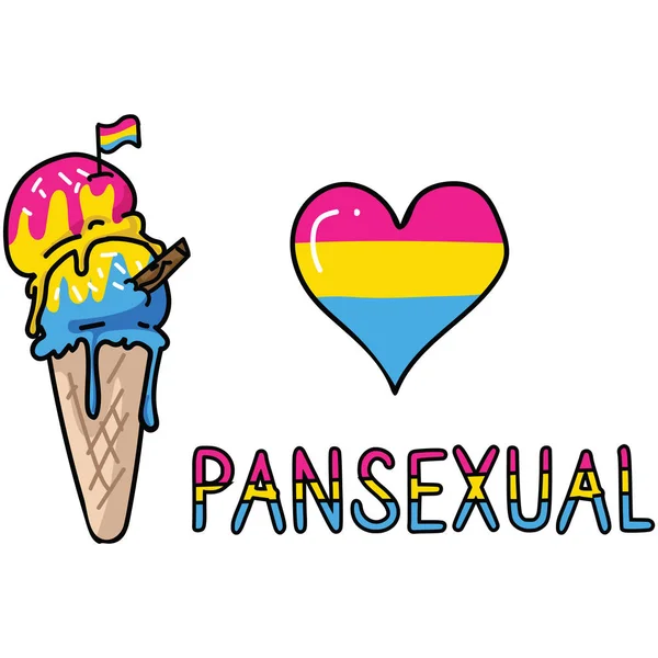 Sevimli panseksüel dondurma koni karikatür vektör illüstrasyon motif seti. Gurur günlüğü için Lgbtq pan tatlı tedavi unsurları. Yaz web düğmeleri için tipografi grafiği.