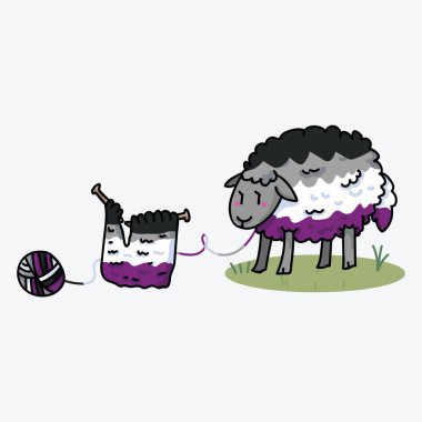 Sevimli aseksüel wooly koyun karikatür vektör illüstrasyon motif seti. Gurur el sanatları blog, çeşitlilik grafik, lgbt web düğmeleri için el çizilmiş izole örgü iplik elemanları clipart.