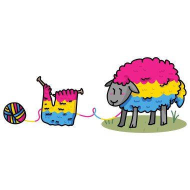 Cute pansexual sheep cartoon vector illustration motif set. Hand drawn isolated knitting yarn elements clipart for pride handcraft blog, diversity graphic, lgbt web buttons. clipart