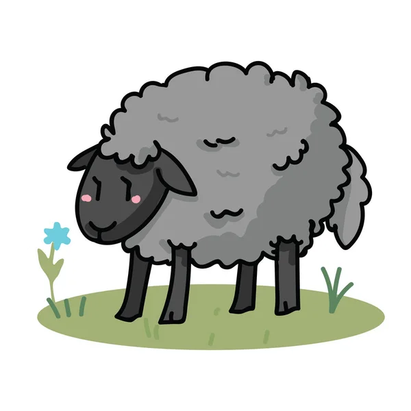 Linda oveja gris en un campo de dibujos animados vector ilustración motivo conjunto. Dibujo a mano agricultura aislada elementos ganaderos clipart para el blog de agricultura, gráfico lanudo, botones web de cordero . — Archivo Imágenes Vectoriales