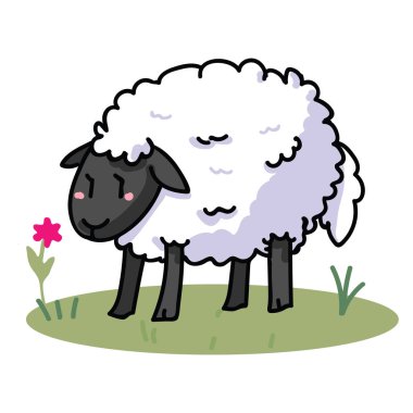 Sevimli koyun karikatür vektör illüstrasyon motif seti. El draawn izole tarım hayvancılık elemanları tarım blog, yünlü grafik, koyun web düğmeleri için clipart.