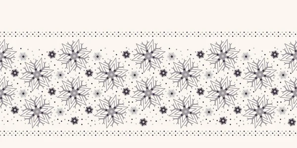 Ручное рисование абстрактного рисунка границы снежинки. Стильные хрустальные звезды на белом фоне. Элегантная простая праздничная лента. Иллюстрация праздничной подарочной упаковки. Бесшовный вектор — стоковый вектор