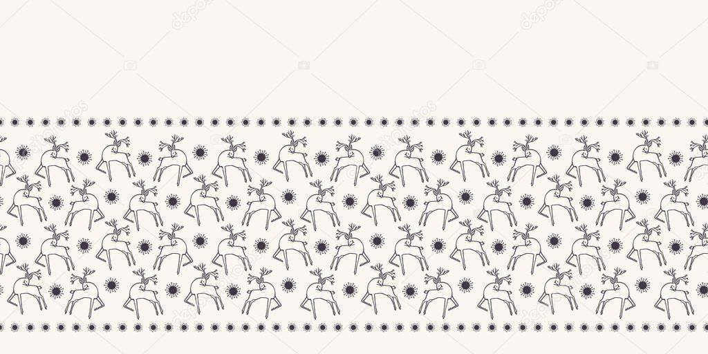 Hand drawn abstract Christmas reindeer border pattern. Leaping stag deer on ecry white background. Cute winter holiday banner ribbon. Festive gift wrap washi tape illustration. Scandi seamless vector 