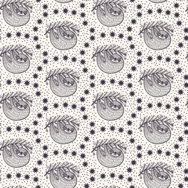 El çizilmiş sevimli noel tembel bpattern. Kawaii karikatür hayvan şube arka asılı. Eğlenceli çocuklar her yerde tatil. Şenlikli hediye ambalaj kağıt yule illüstrasyon. Dikişsiz vektör swatch.