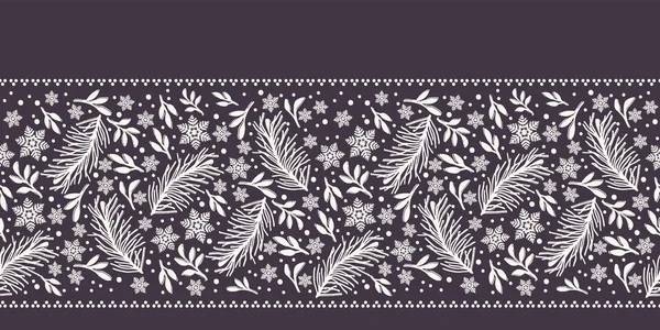 Handgezeichnete abstrakte Weihnachtsblattmuster. winzige Tannenzweige auf weißem Hintergrund. niedlichen Winterurlaub Bändchen Banner. festliche Geschenkverpackung Washi-Band Illustration. — Stockvektor