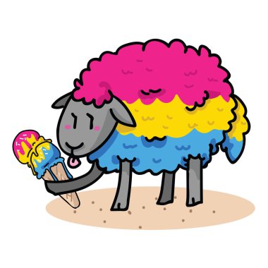 Lezzetli dondurma karikatür vektör illüstrasyon motif seti ile sevimli panseksüel koyun. Gurur blog, çeşitlilik grafik, lgbt web düğmeleri için el çizilmiş izole yaz tedavi elemanları clipart.