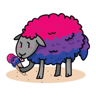 Lezzetli dondurma karikatür vektör illüstrasyon motif seti ile sevimli biseksüel koyun. Gurur blog, çeşitlilik grafik, lgbt web düğmeleri için el çizilmiş izole yaz tedavi elemanları clipart.