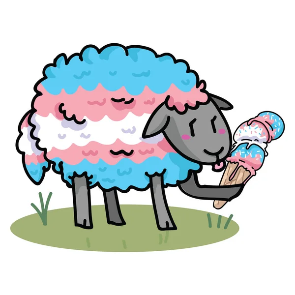 Leuke transgender schapen met smakelijke ijs cartoon vector illustratie motief set. Hand getekende geïsoleerd zomer behandelen elementen clipart voor Pride Blog, diversiteit grafische, LGBT Web knoppen. — Stockvector