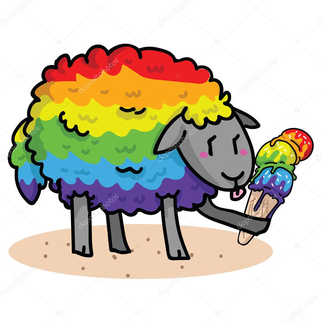 Cute gay sheep with tasty ice cream cartoon vector illustration motif set. Hand drawn isolated summer treat elements clipart for pride blog, diversity graphic, lgbt web buttons.