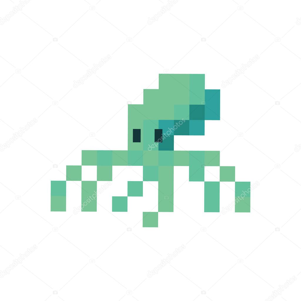 Cute neo mint green 8 bit octopus vector illustration. Sealife pixel clipart. 