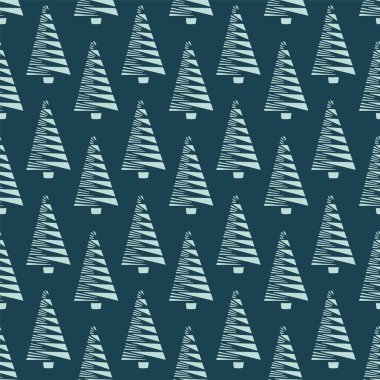 El çizilmiş stilize Noel ağacı deseni. Yeşil arka planda geometrik soyut Köknar Ormanı. Tüm baskı üzerinde sevimli kış tatili. Şenlikli Yule hediye sarma kağıt illüstrasyon. Dikişsiz vektör renk örneği