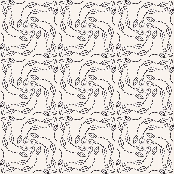 Patrón de bordado de punto de funcionamiento de la hoja. Fondo de vectores sin costuras de costura simple. Estampado textil de mosaico floral geométrico dibujado a mano. Crema de Ecru artesanía decoración del hogar. Estilo sashiko monocromo . — Vector de stock