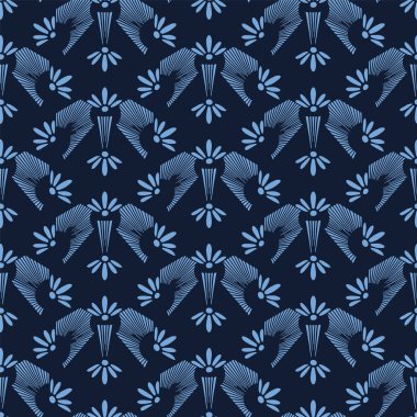 Indigo mavi çiçek motifi Japon tarzı. Desen. El çizilmiş çiçek şam tekstil. Dekoratif sanat nouveaux ev dekorasyonu. Modernist trendy monokrom baskı her yerinde. Dikişsiz vektör swatch.