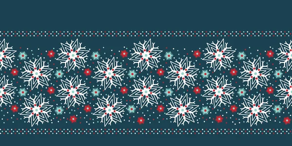 Handritade abstrakt vinter snöflingor gräns mönster. Snygga kristall stjärnor på grön bakgrund. Elegant enkel helgdag banner band. Festlig present wrap Washi tejp Yule illustration. Sömlös vektor — Stock vektor