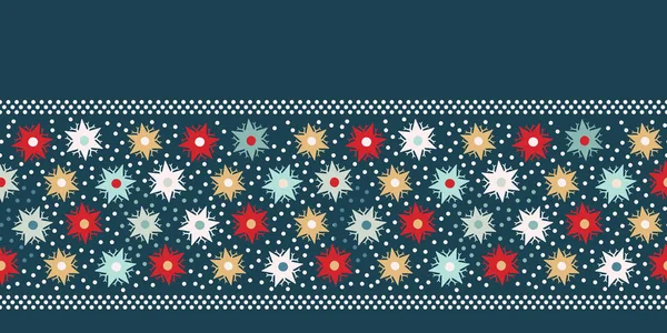 Hand drawn abstract winter snowflakes border pattern. Stylish crystal stars on green background. Elegant simple holiday banner ribbon. Festive gift wrap washi tape yule illustration. Seamless vector — Stock Vector