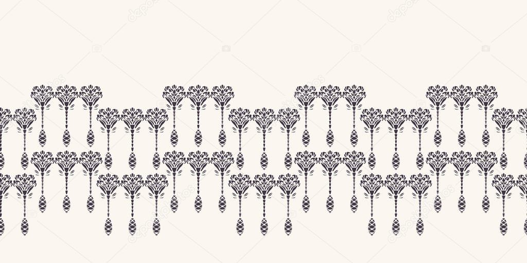 Art Nouveau ornamental flower motif border. Jugendstil style ribbon trim. Retro floral damask textile tape. Decorative arts crafts folksy home decor. Modernist trendy monochrome. Vector seamless edge