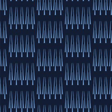 El stilize Noel ağacı desen çizilmiş. Çivit mavisi arka plan üzerinde geometrik soyut köknar ormanı. Kış tatili baskının her yerinde. Şenlikli yule hediye paketi kağıt illüstrasyon. Dikişsiz vektör swatch