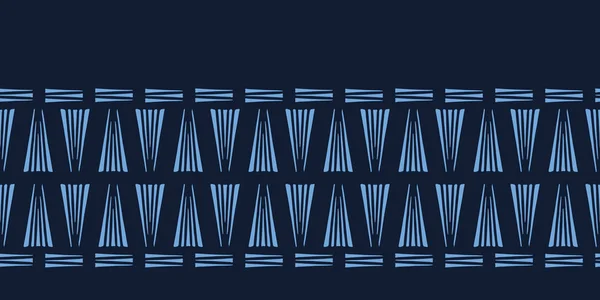 Modèle de bordure géométrique bleu indigo moderne dessiné à la main triangles. Contexte abstrait répété. Bordure ornementale monochrome. Ruban geo washi tendance. Bannière de garniture de ruban textile teint. Vecteur sans couture — Image vectorielle