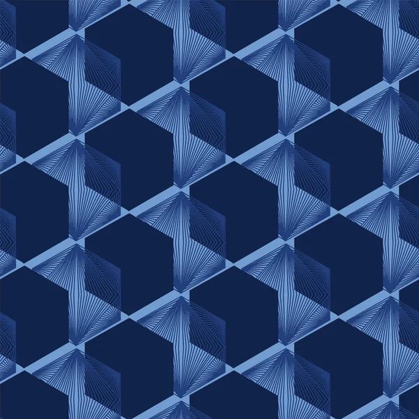 Modern Indigo blå geometrisk handritad 3D-kub mönster. Upprepande abstrakt bakgrund. Prydnadsväxter monokrom geo. Trendig yta design textil. All tryckt färgad textil. Sömlöst vektor mönster. — Stock vektor