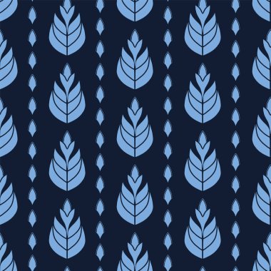 Indigo mavi stilize etnik yaprak deseni. Halk sanatı doğa oyma blok tekstil arka plan. Japon boya tarzı tek renkli ev dekorasyonu. Trendy bitki baskı her yerinde yaprak bırakır. Dikişsiz vektör swatch