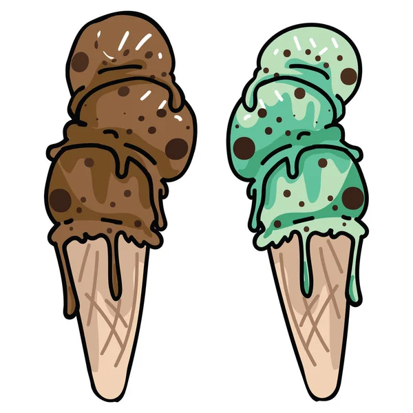 Cute trendy chocolate ice cream cone vector illustration. Frozen summer neo mint sweet treat clipart. — Stock Vector