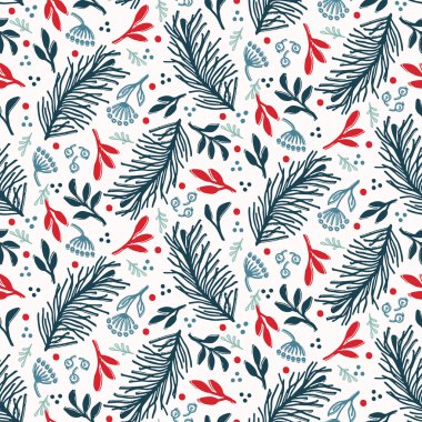 El çizilmiş soyut Noel yeşillik desen. Attı köknar ağacı dalı, yaprakları, çilek arka plan. Kış tatili baskının her yerinde. Şenlikli hediye ambalaj kağıdı illüstrasyon. Dikişsiz vektör swatch.