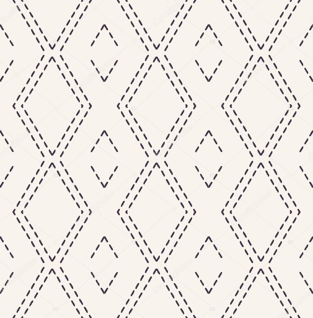 Decorative running stitch embroidery pattern. Victorian diamond needlework seamless vector background. Hand drawn ornamental textile print. Ecru cream handicraft home decor. Monochrome simple chevron