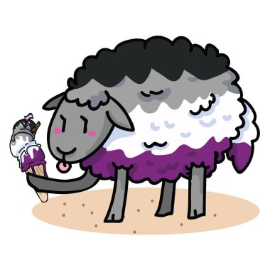 Lezzetli dondurma karikatür vektör illüstrasyon motif seti ile sevimli aseksüel koyun. El çizilmiş izole yaz tedavi elemanları clipart gurur blog için, çeşitlilik grafik, LGBT Web düğmeleri.