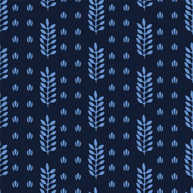 Indigo mavi stilize etnik yaprak deseni. Halk sanatı doğa oyma blok tekstil arka plan. Japon boya tarzı tek renkli ev dekorasyonu. Trendy bitki baskı her yerinde yaprak bırakır. Dikişsiz vektör swatch