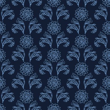 Indigo mavi çiçek motifi Japon tarzı. Desen. El çizilmiş çiçek şam tekstil. Dekoratif sanat nouveaux ev dekorasyonu. Modernist trendy monokrom baskı her yerinde. Dikişsiz vektör.