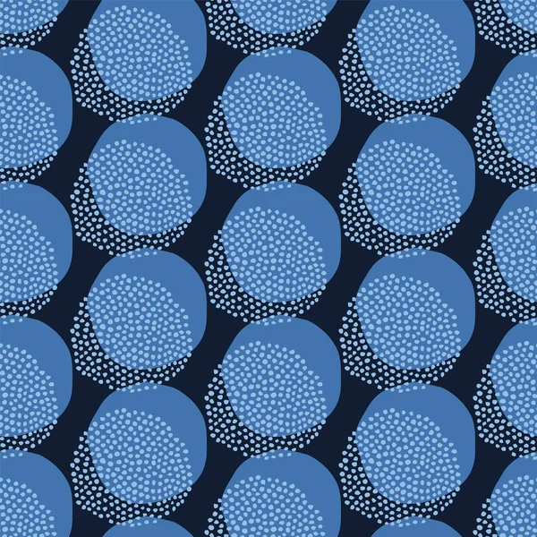 Indigo blauwe hand getrokken zaad cirkel patroon. Herhalende abstracte vlekkerige achtergrond. Organische onregelmatige getextureerde polka dots. Minimalistisch geverfd oppervlak design textiel, over de hele print. Naadloze vector staal — Stockvector